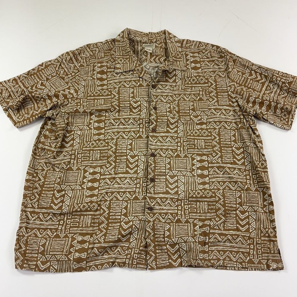 L.L. Bean Shirt Mens 2XL Brown Geometric Short Sleeve Button Up Cotton Hawaiian